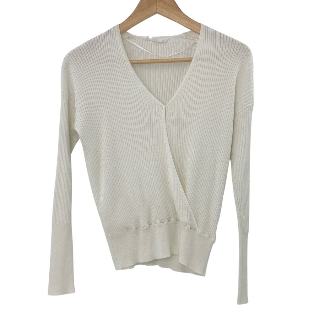 Elodie Womens Cream Ribbed Wrap V Neck Long Sleeve Sweater Size S Office‎ Cozy
